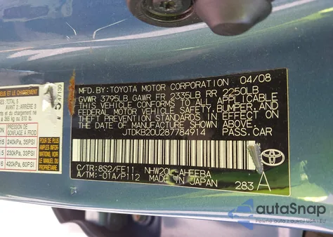 2008 Toyota Prius Standard/Touring z USA, uszkodzony, nr VIN JTDKB20U287784914